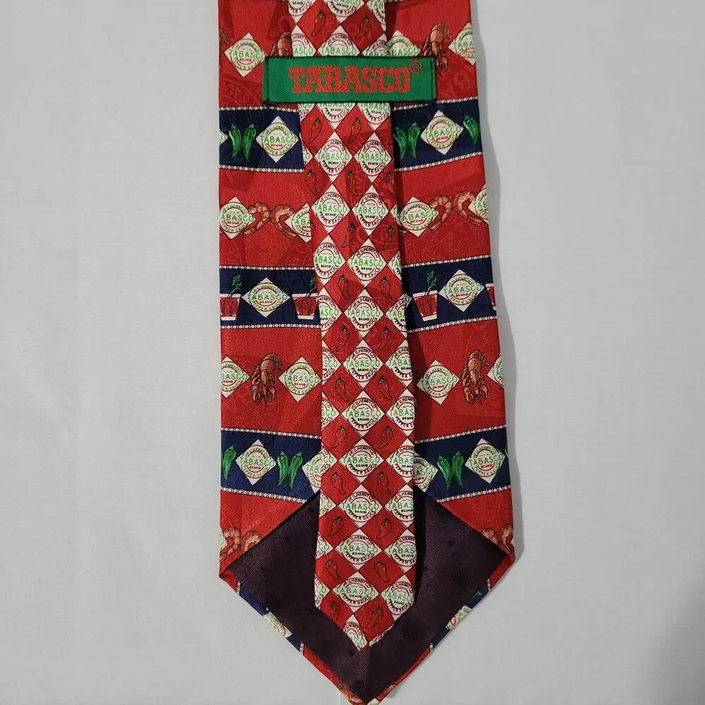 Pair of Tabasco silk novelty print neck tie made in USA, red, multicolor, shrimp